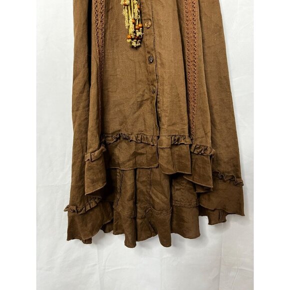 Sunny Leigh Vintage Hi-Low 100% Linen Western‎ Style Midi Dress Brown Belted 10 - Picture 3 of 10